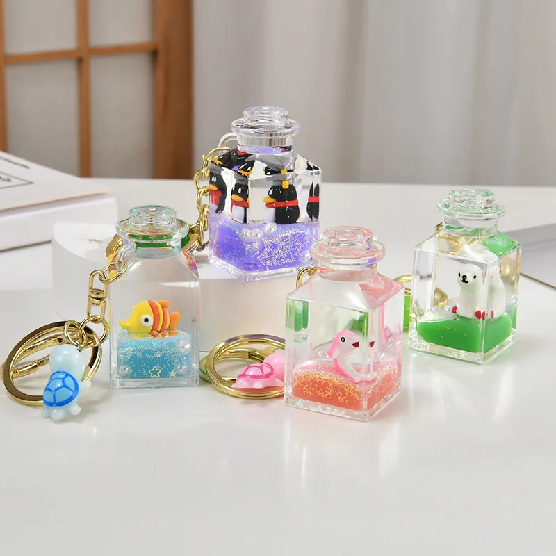 Floating Small Goldfish Turtle Keychain Male and Female Cute Drift Bottle Car Key Hanging Ornament School Bag