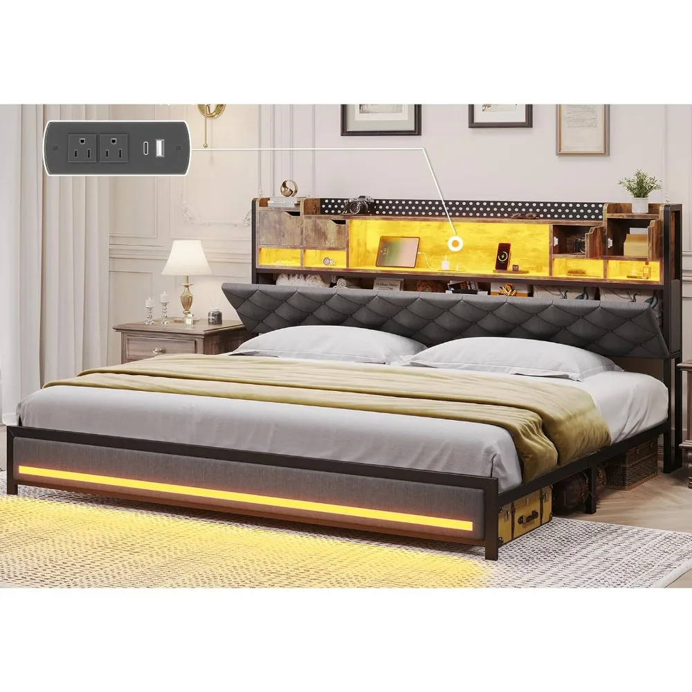 Estructura de cama tamaño King con cabecera de almacenamiento tapizada, estructura de cama King con luces LED inteligentes, cama King Camas con carga
