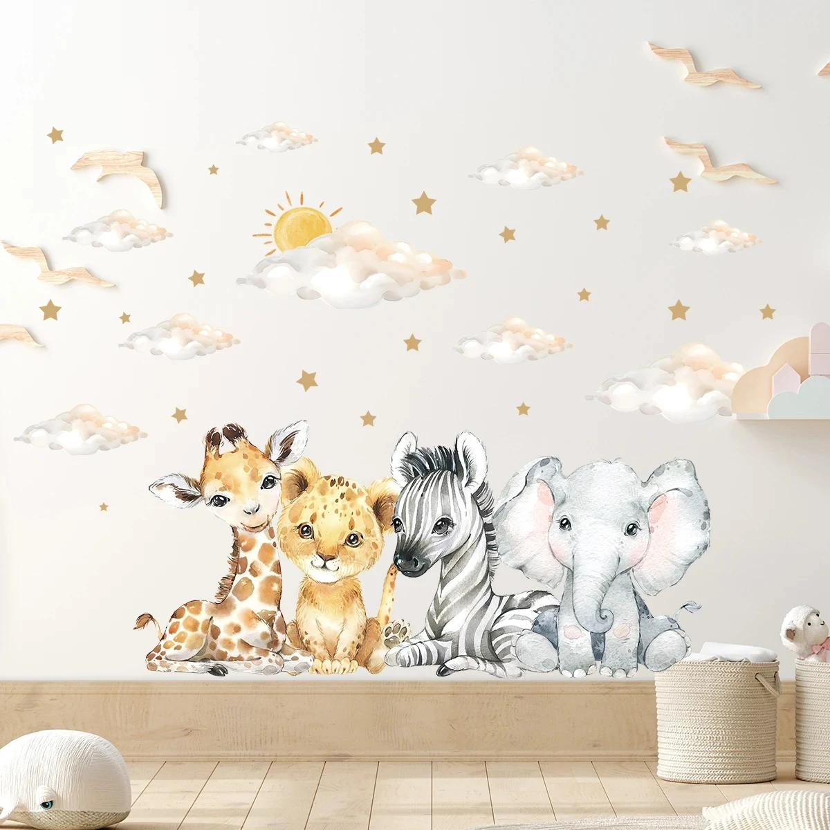 Children Room Wall Stickers Cartoon Elephant Zebra Giraffe Wall Decals for Kids Room Baby Room Decoration Backgrouond Wallpaper