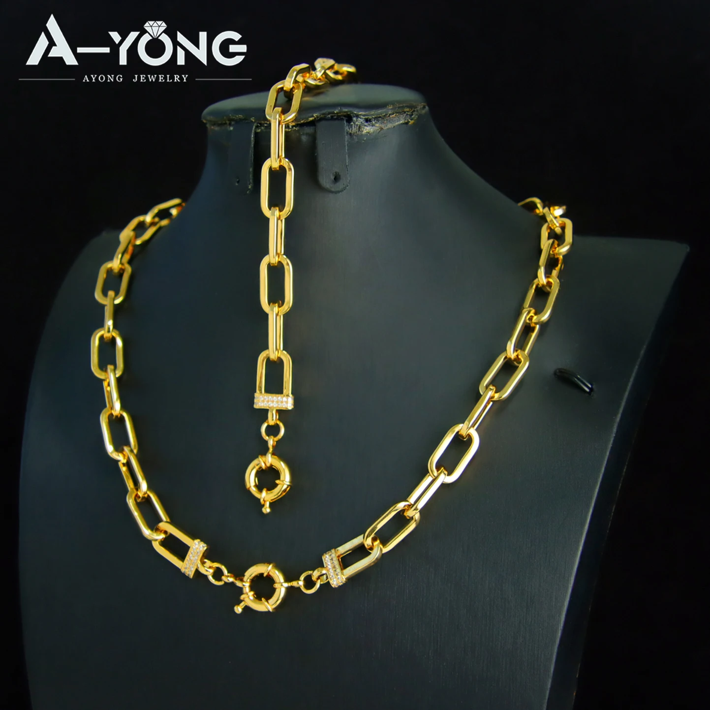 

Dubai Hip Hop Punk Jewelry Set 21k Gold Plated Brazilian Zirconia Link Necklace Bracelet Algeria Women Men Event Party Jewelrys