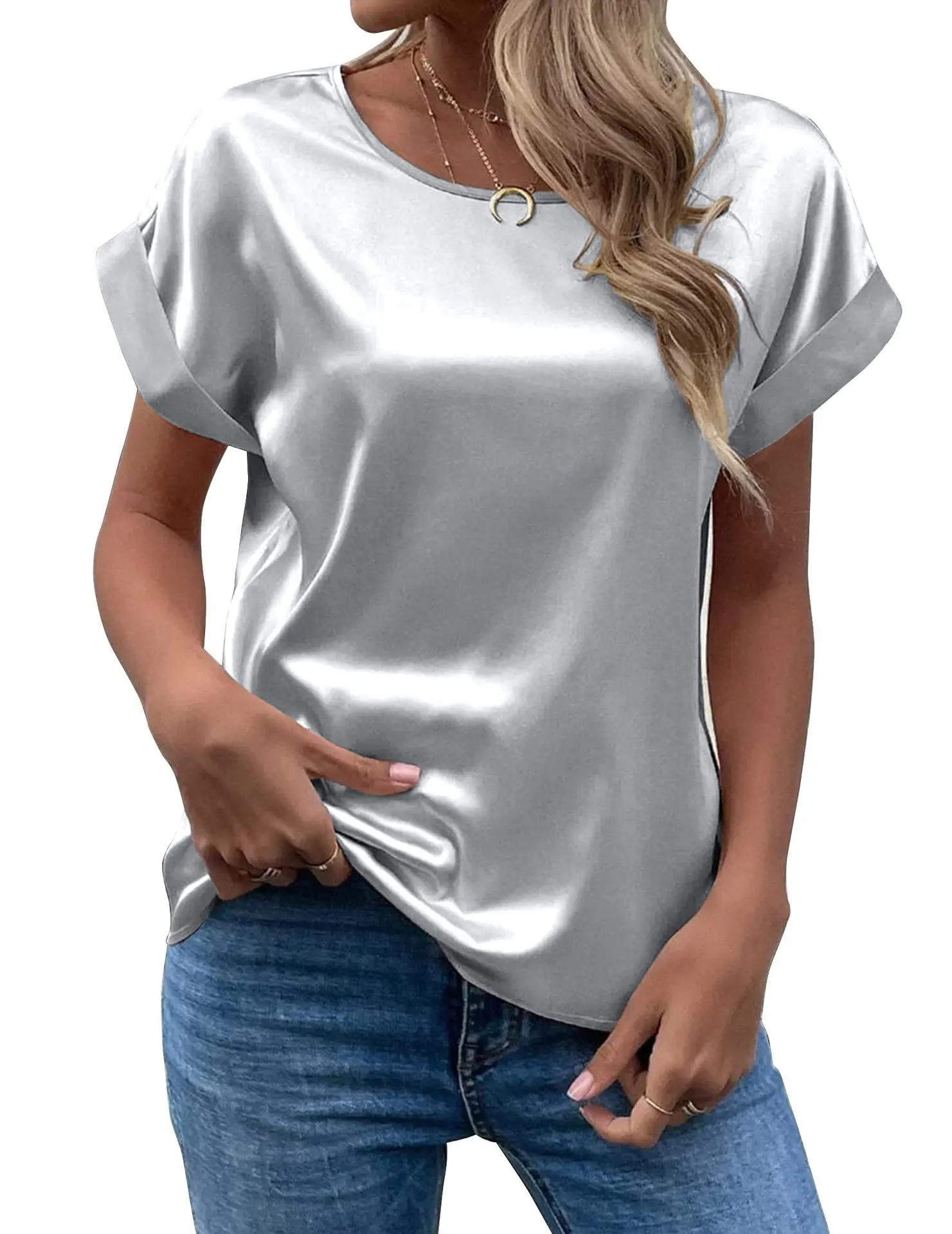 Spring and Summer New Women\'s Short Sleeve Satin Shirt Loose Casual Round Neck Colored Ding T-shirt Women