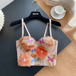 Hotsweet Backless Elegant Sleeveless Sequin Embroidered Butterfly Floral Slim Straps Camis Top Beach High Street Summer Clothing