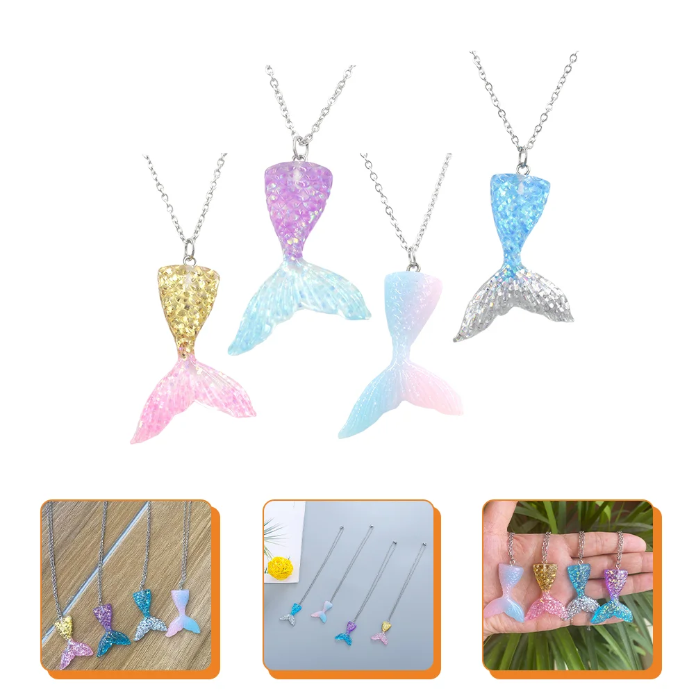

4 Pcs Mermaid Necklace Choker Necklaces for Girls Jewelry Women Birthday Party Supplies Favors Tail Resin Stainless Steel Miss