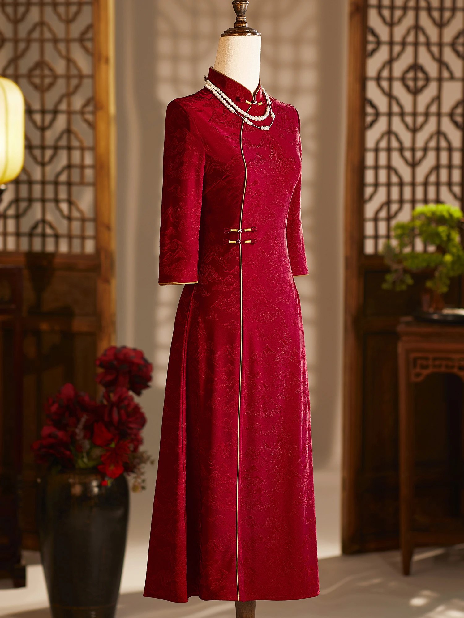 

Red Long Sve Wedding Dr Vintage Sle for Mother of the Bride Wedding Banquet Ceremony Warm Polyester Fiber