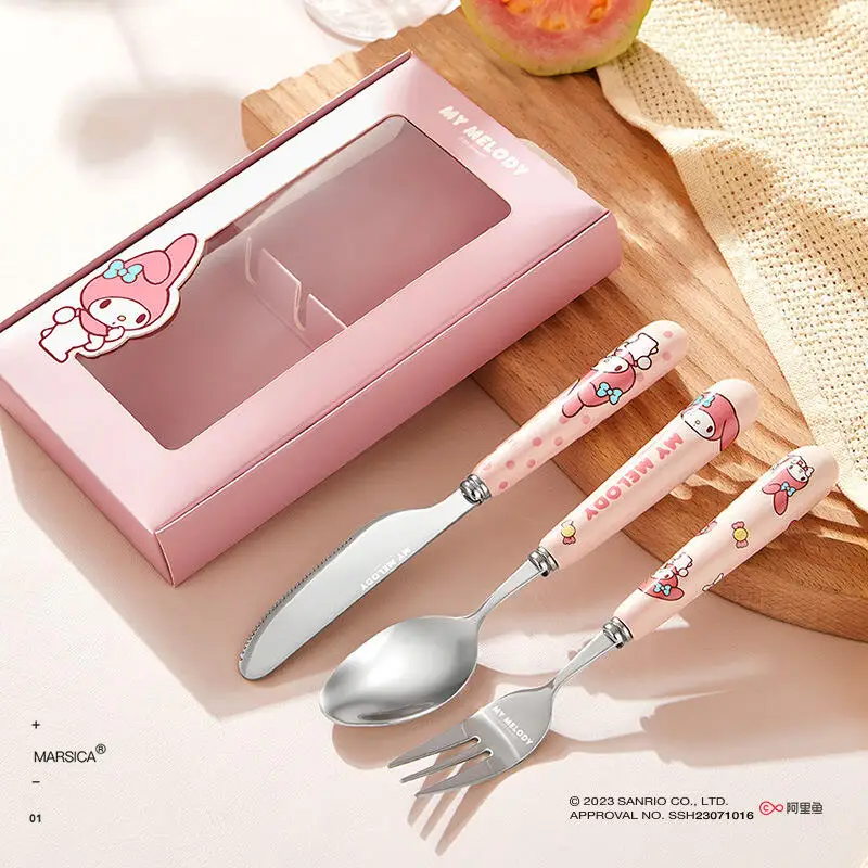 Горячая посуда Sanrio Western Hello Kitty Kawaii Sus 304, студенческая ложка, вилка, нож для стейка, защита от падения, защита от ожогов, аниме, модная новинка