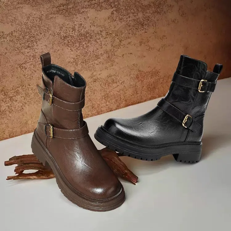 نمط جديد أزياء المرأة جلدية نصف أحذية عالية البني جولة تو السيدات منتصف العجل أحذية مصمم فاخر مريح وأنيق