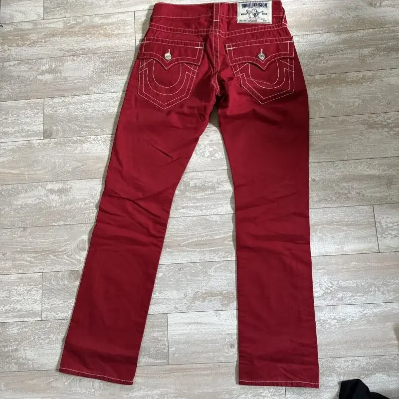 Harajuku Y2k red religious jeans Big Buddha red and white stitching street casual loose hip hop straight jeans men clothes