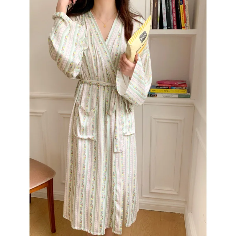 Korean Ins Kimono Robe Pajamas Female Spring Summer New Cotton Nightgown Ladies Spa Yukata Homewear Long Bathrobe Women