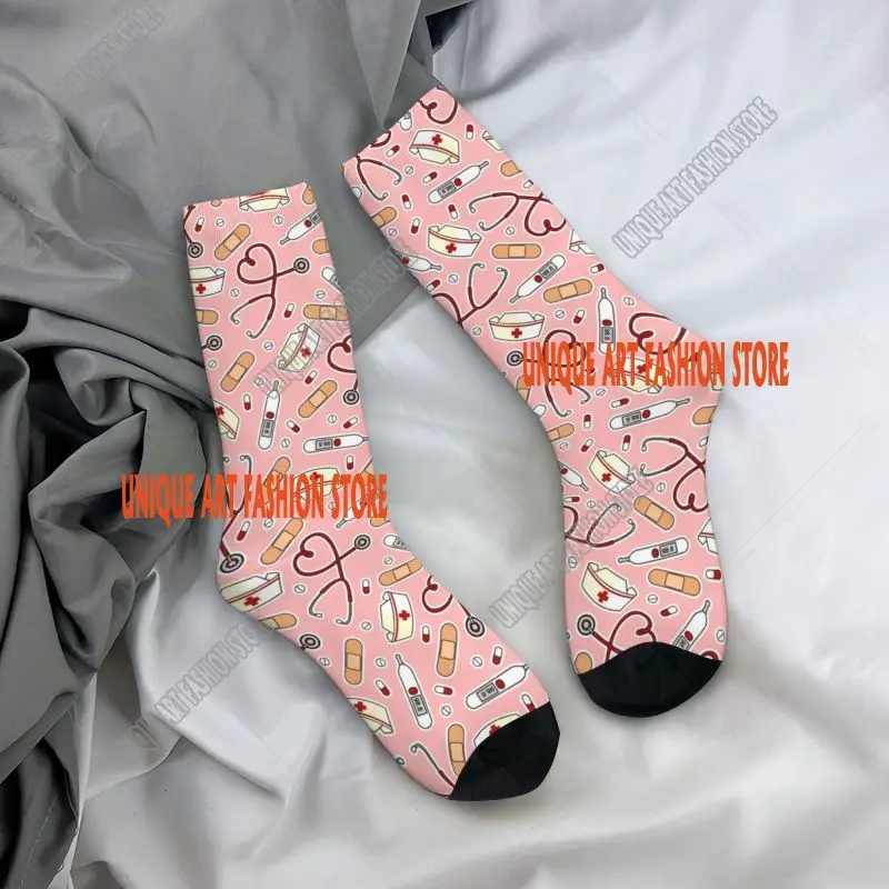 Calcetines de enfermera de dibujos animados rosas con estampado de moda para hombres y mujeres, calcetines elásticos de verano Otoño Invierno para enfermería médica