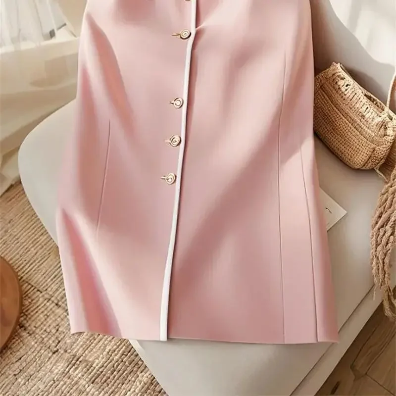 New Elegant Contrast Color Women\'s Skirt Spring Autumn High Waist Slim Single Breasted Patchwork Office Lady A-Line Skirts