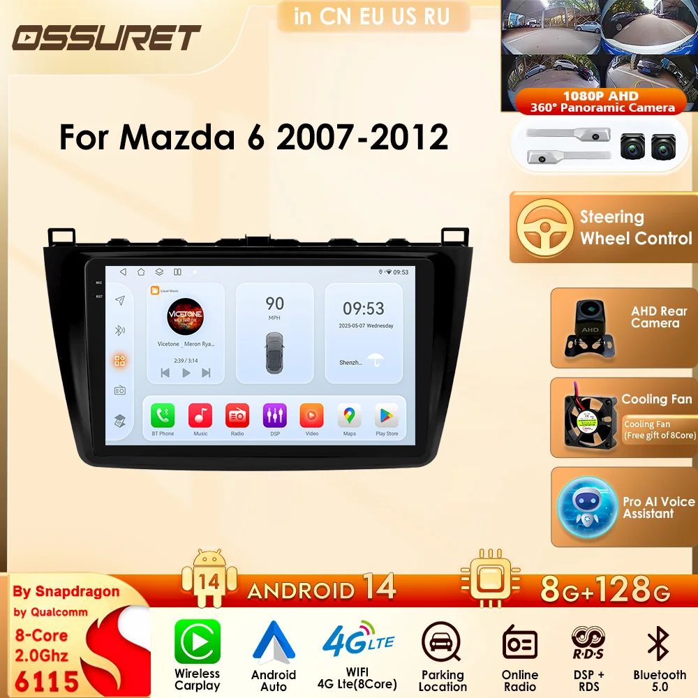 Octa Core Android Autoradio WiFi Stereo For Mazda 6 2007-2012 Carplay Android 14 Car Radio Multimedia Video Player Navigation 4G