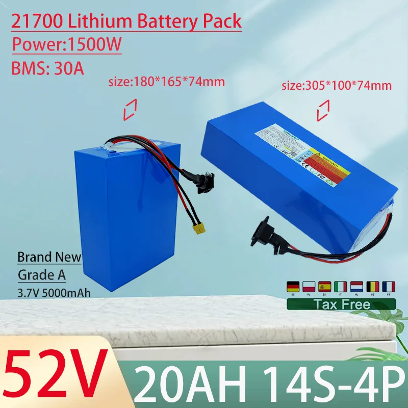 52V 20Ah 21700 14S4P Lithium Ion Battery Pack 1500W Power Tool Batteries Outdoor Backup Batteries With 30A BMS+58.8V 5A charger