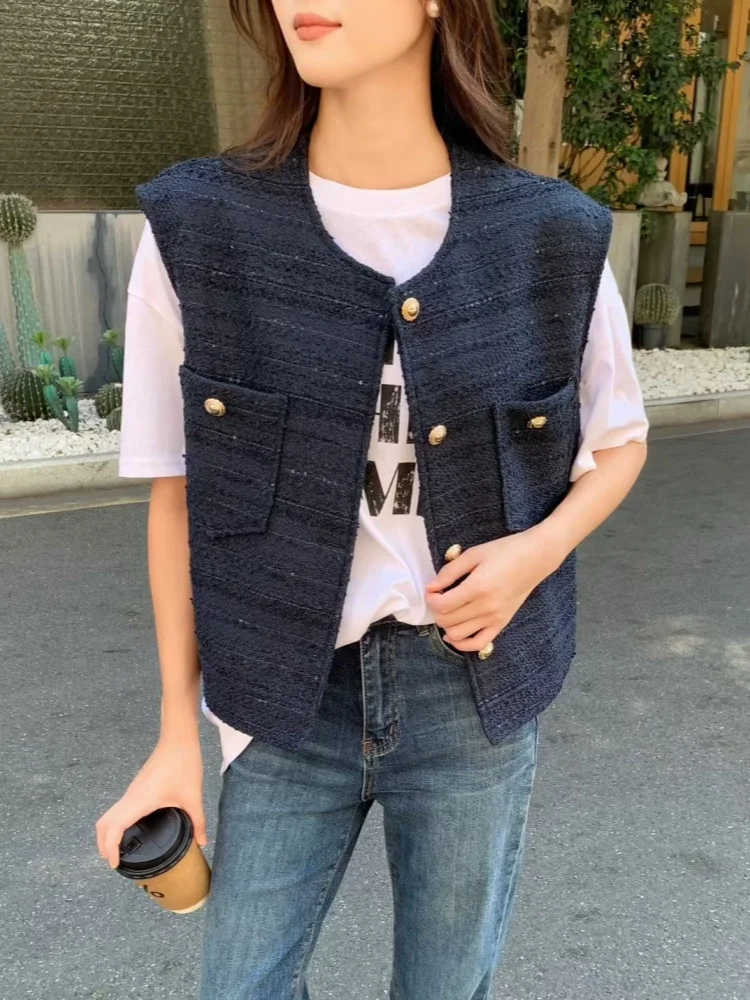 SMTHMA Fall Hot Sale Women's Fashion Casual Tweed Vest Women's Single Breasted Decorated Seeveless Woolen Top