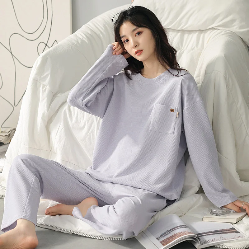 Autumn New Style Pajamas Women\'s Home Wear Round Neck Loose Casual Style 100% Cotton Two-piece Suit Lapel Cotton Suit Pyjamas