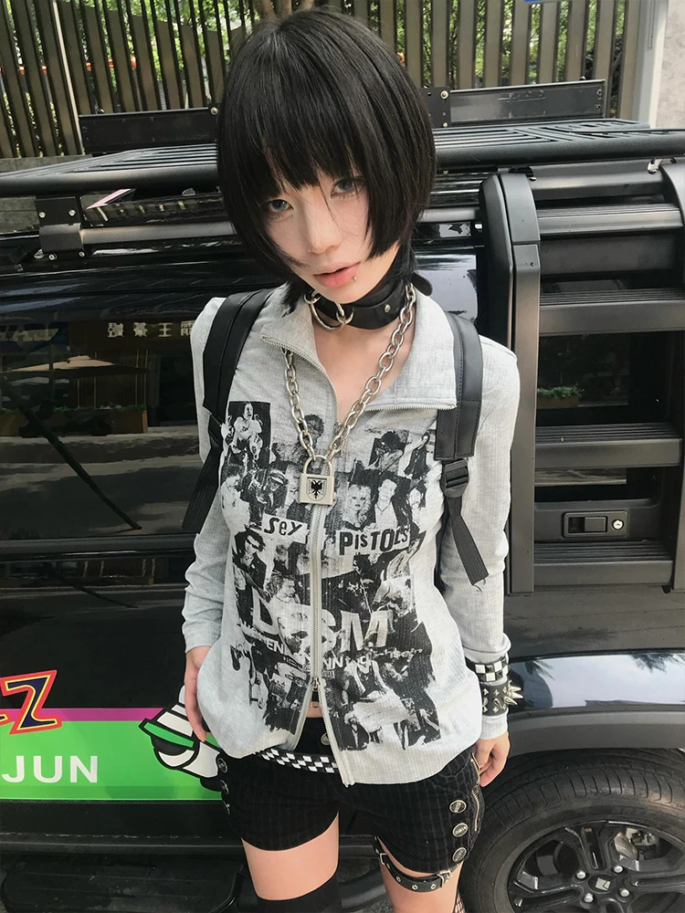 

Women American Vintage Hooded Cardigan Early Autumn Punk Long Sleeve Coat Y2k Harajuku Subculture Zip Up Tops Fashion New