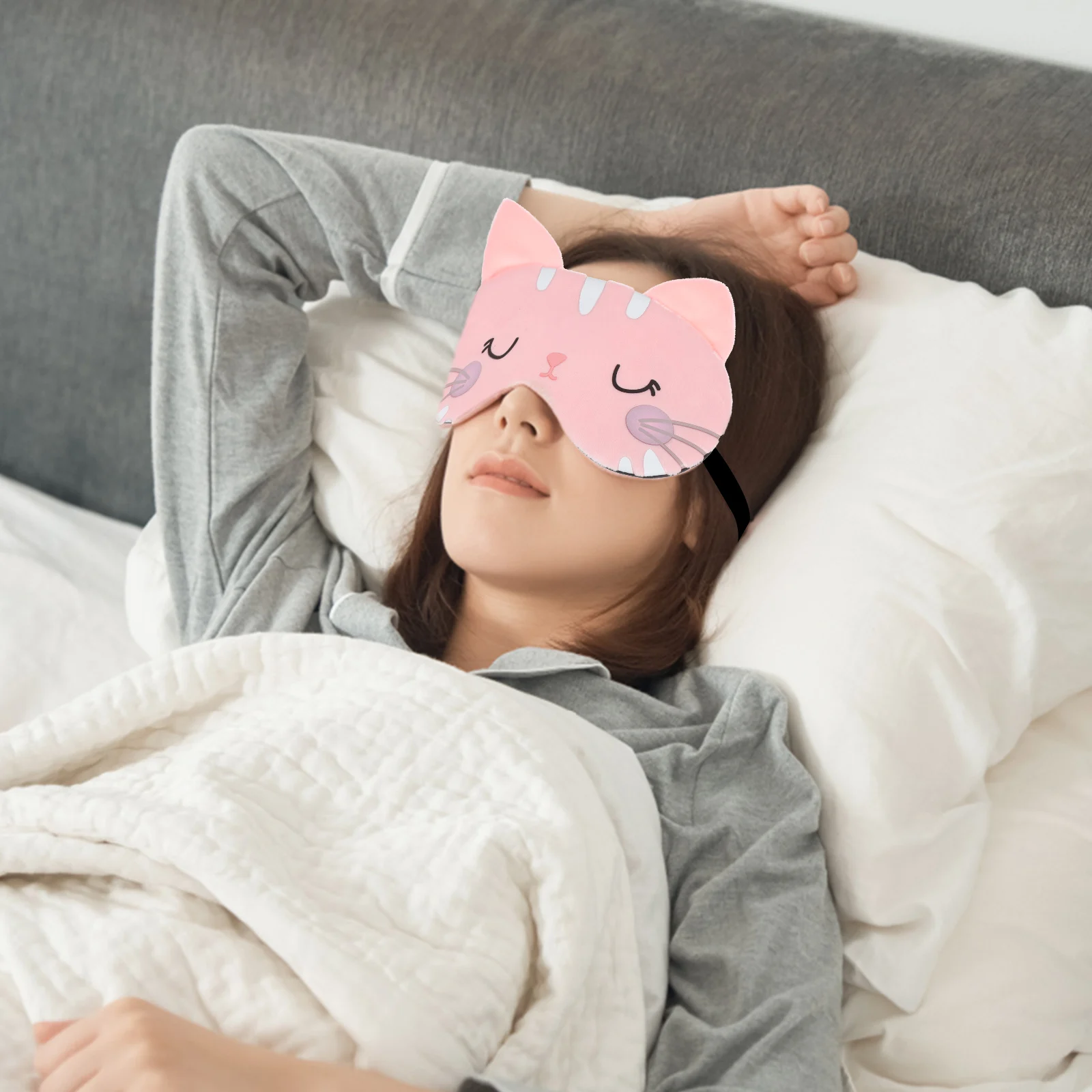

3pcs Sleep Mask Cartoon Cat Eye Cover for Sleeping Lightweight Soft Breathable Blindfold Night Travel Gray Pink White