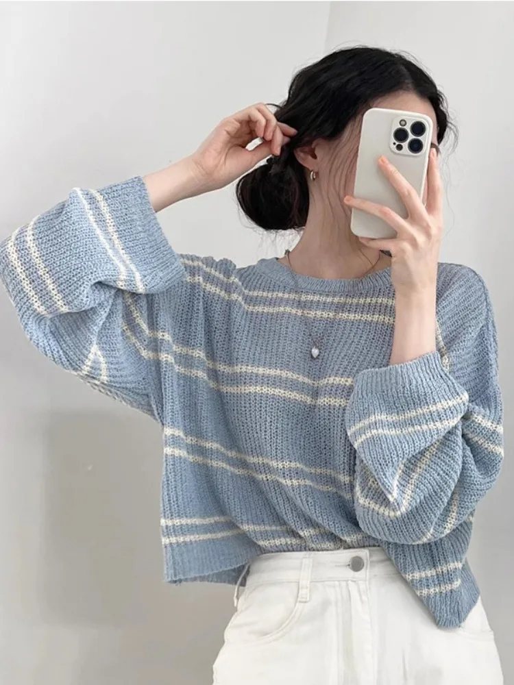 Korean Chic Sweaters Women's Clothes Long Sleeve Casual Jumper Sueter Mujer Korean Knitting Thin Striped Pullovers Pull Femme