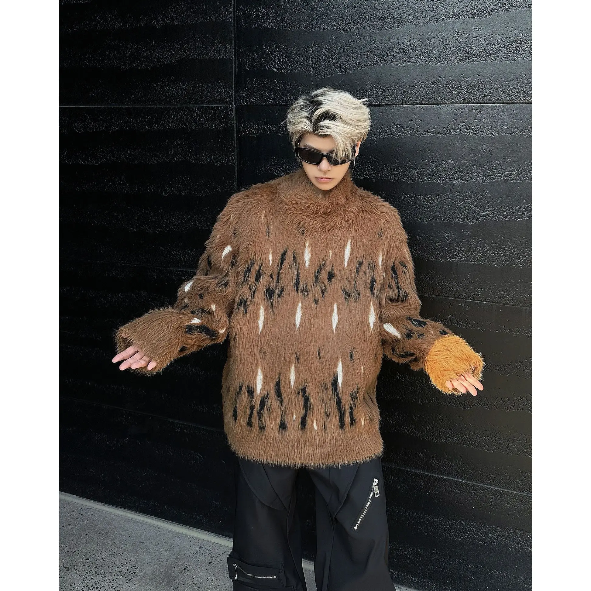 

Мужской вязаный свитер на осень-зиму с полувысоким воротником, имитацией меха, в американском стиле, повседневный, свободного кроя, с длинным рукавом