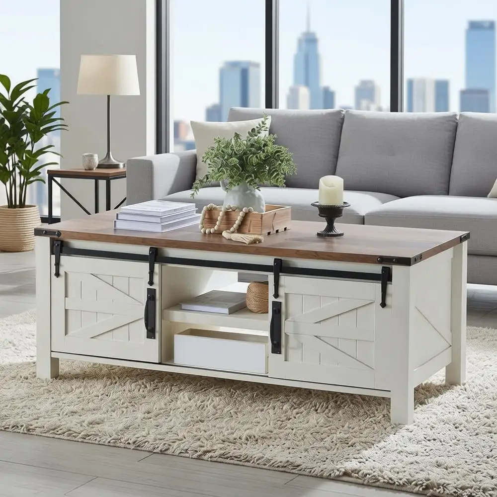 Rustic 48 Lift-Top Coffee Table with Sliding Barn Door, Antique White, Storage Compartment and Adjustable Shelf for Living Room