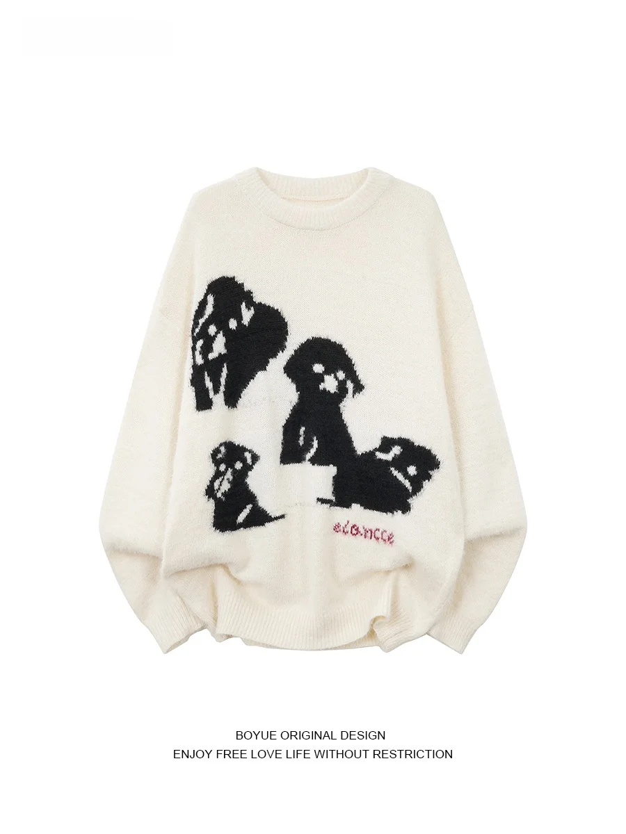 

Вязаный свитер BOYUE с американским мультяшным принтом собаки, круглый вырез, мягкий, уютный, винтажный, с длинными рукавами, повседневная одежда