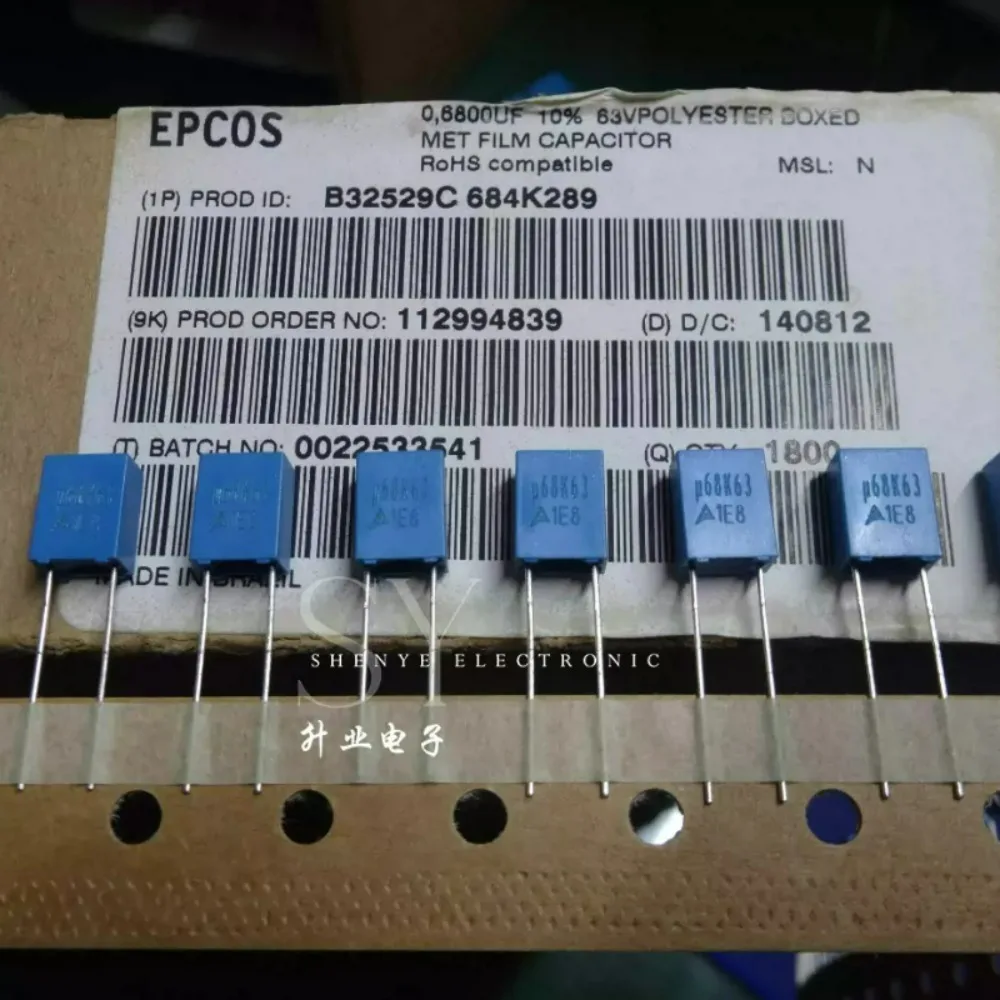 10pcs/lot EPCOS 0.68uf 63V 680nf u68 684 K Brand New 5mm for RFI Filtering Smoothing Film Capacitor B32529C684K