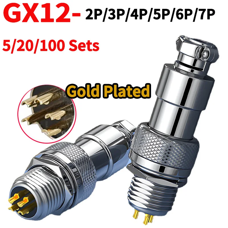 

5/20/100 Sets Gold-Plated Aviation Plug Circular Connector Set - GX12 with 2-7 Pins - Male & Female - Electric Wire Connection