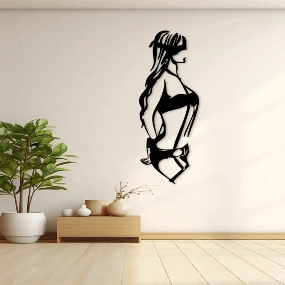 Pave Metal Wall Art, Black Female Silhouette Decor, Modern Minimalist Home Gift for Living Room Bathroom Patio, Housewarming