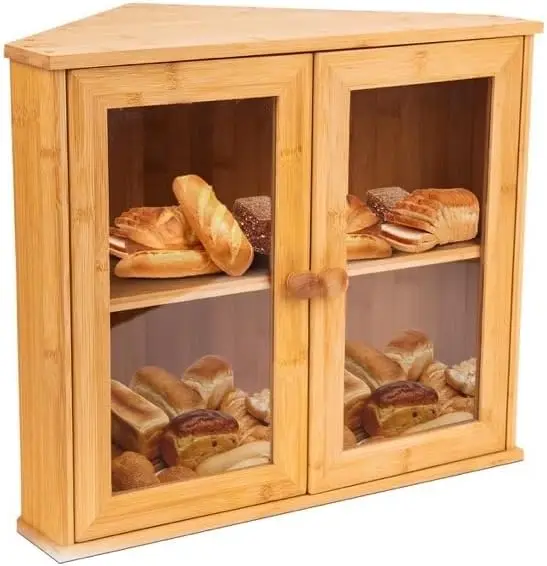 

Corner Bread Box for Kitchen Countertops - Kitchen Bread and Organizer - Double Layer Bamboo Breadbox for Homemade Bread - Larg