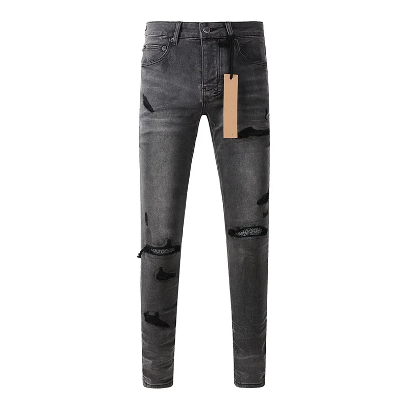 Pantaloni jeans strappati con bottoni di qualità con fori distrutti skinny elasticizzati grigio cenere effetto consumato High Street da uomo