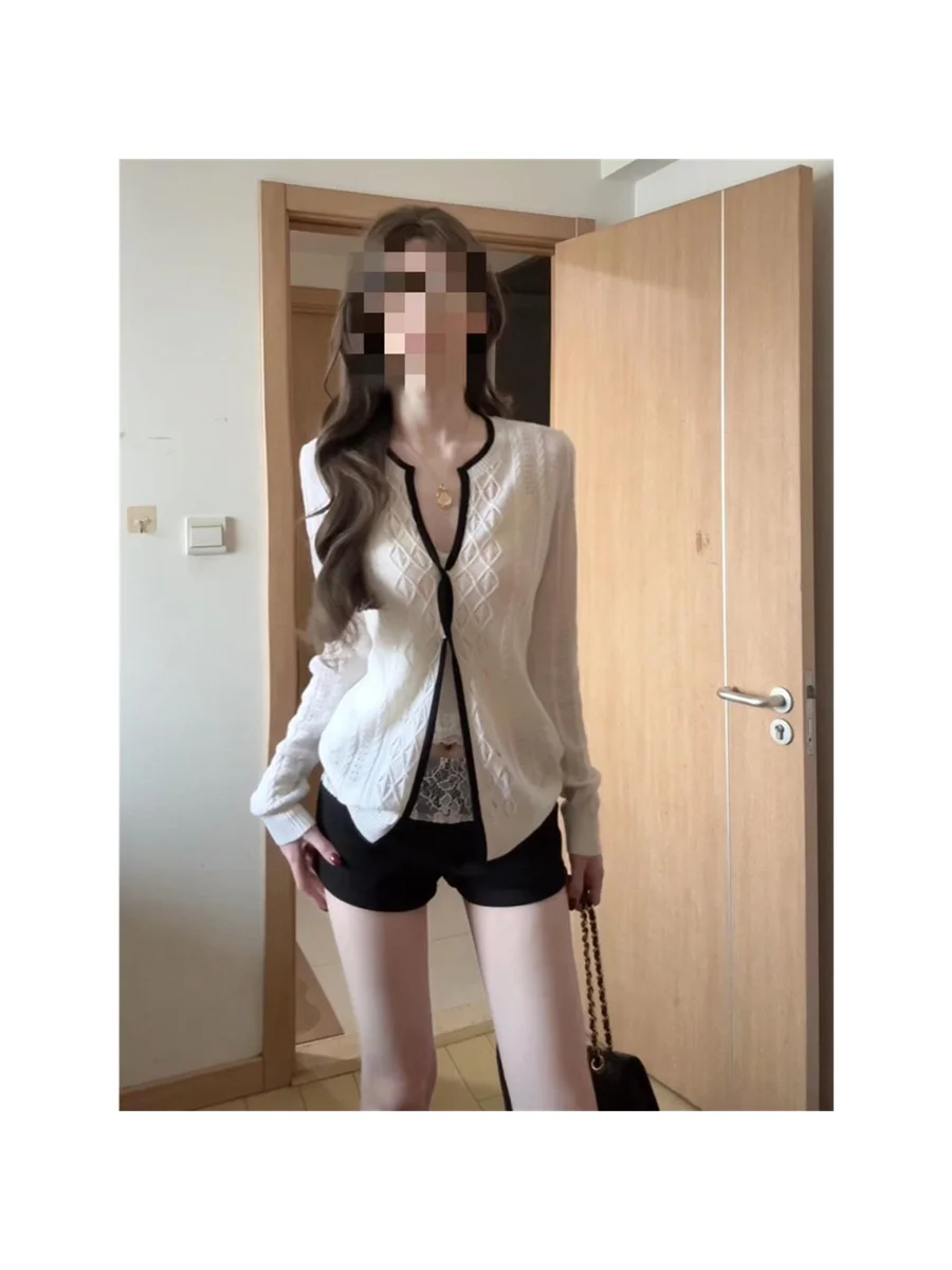 White Knitted Long Sleeve V-Neck Open Cardigan Women's Autumn New Style Unique Design Sense Hollow Twist Knot Outerwear