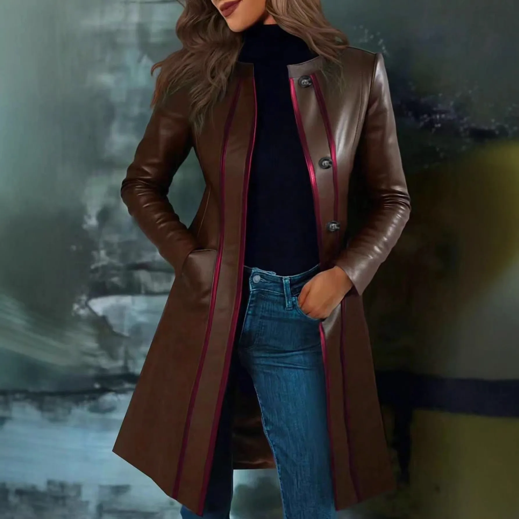 

2026 Women's Vintage Leather Jacket Contrast Collar Trench Coat Elegant Black Faux Leather Outwear Slimming Windbreaker New