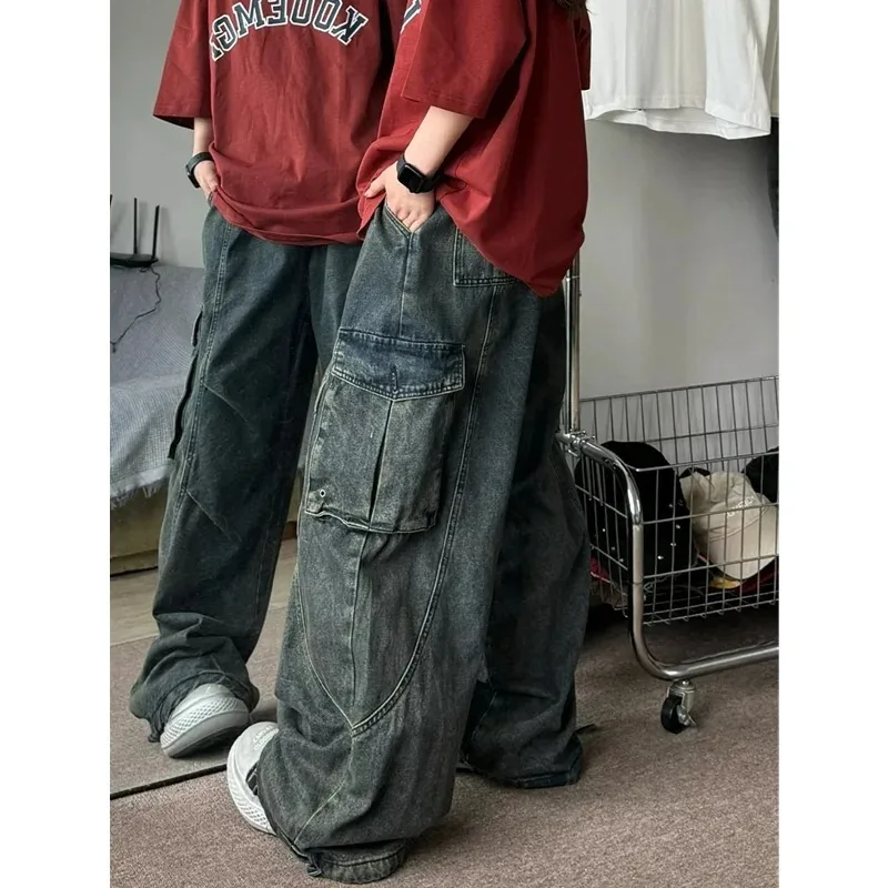 Damskie jeansy w stylu American Vintage, proste, z wysokim stanem, niebieskie, codzienne spodnie high street, luźne spodnie z szerokimi nogawkami, grunge, sprane spodnie dżinsowe.