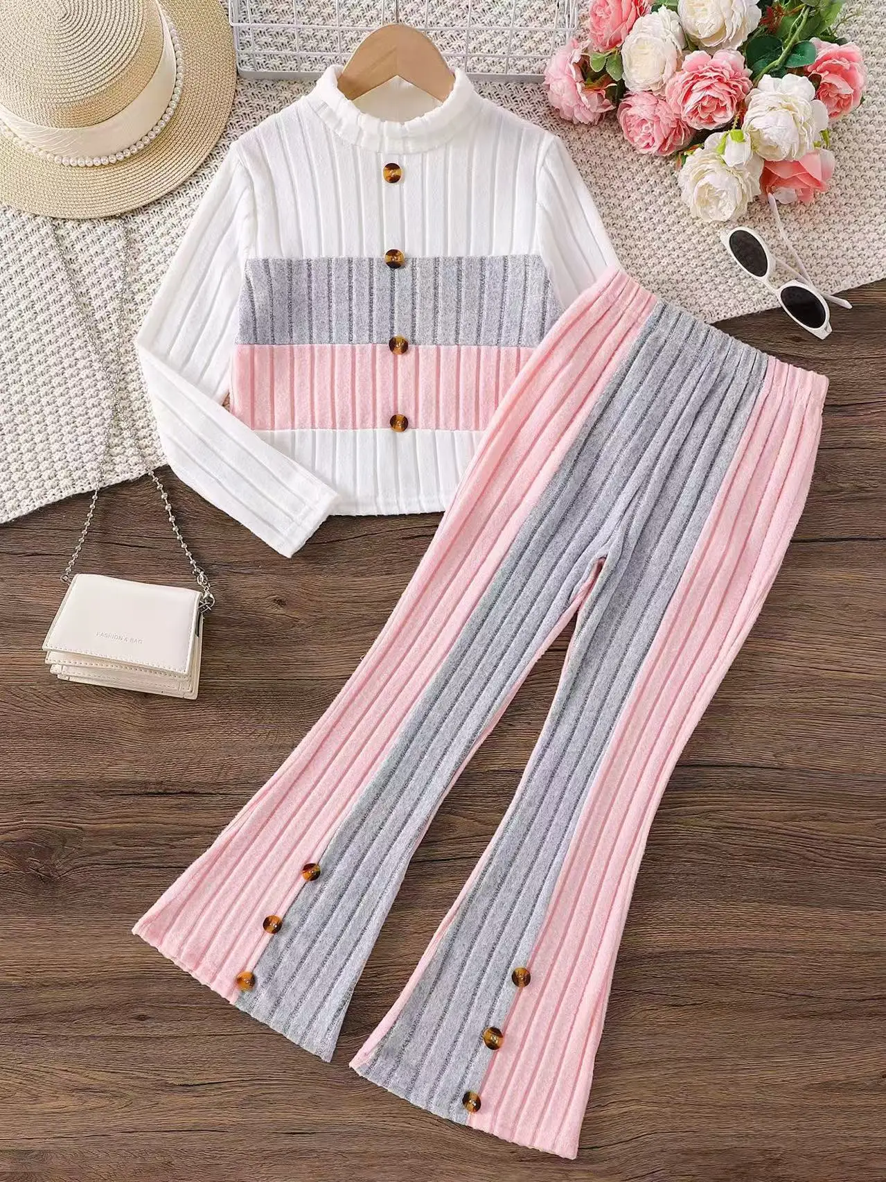 

Children's Two-Piece Set Casual Knit Patchwork Contrast-Colour Half-Turtleneck Trousers r Spring and Autumn New Arrival
