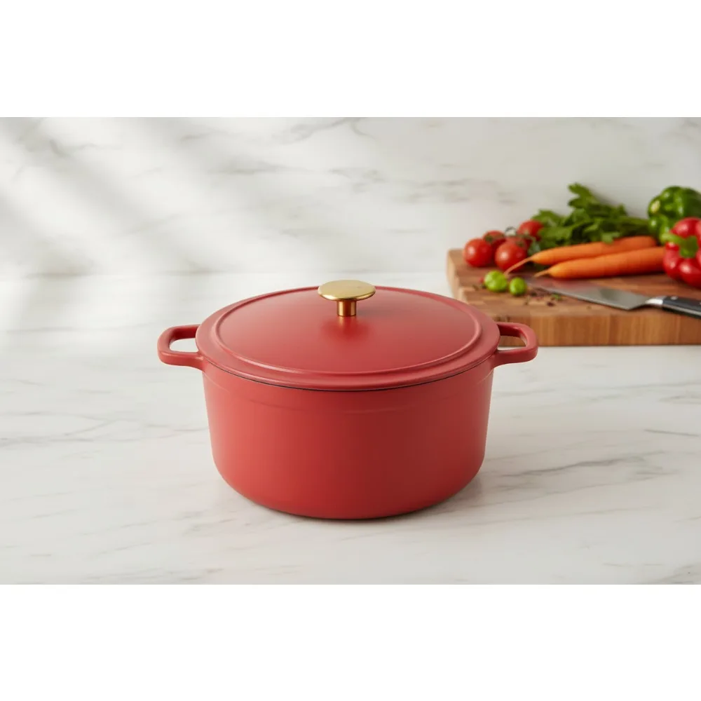 

5QT Эмалированная чугунная голландская духовка с крышкой для выпечки хлеба, тушения, раковины - красный