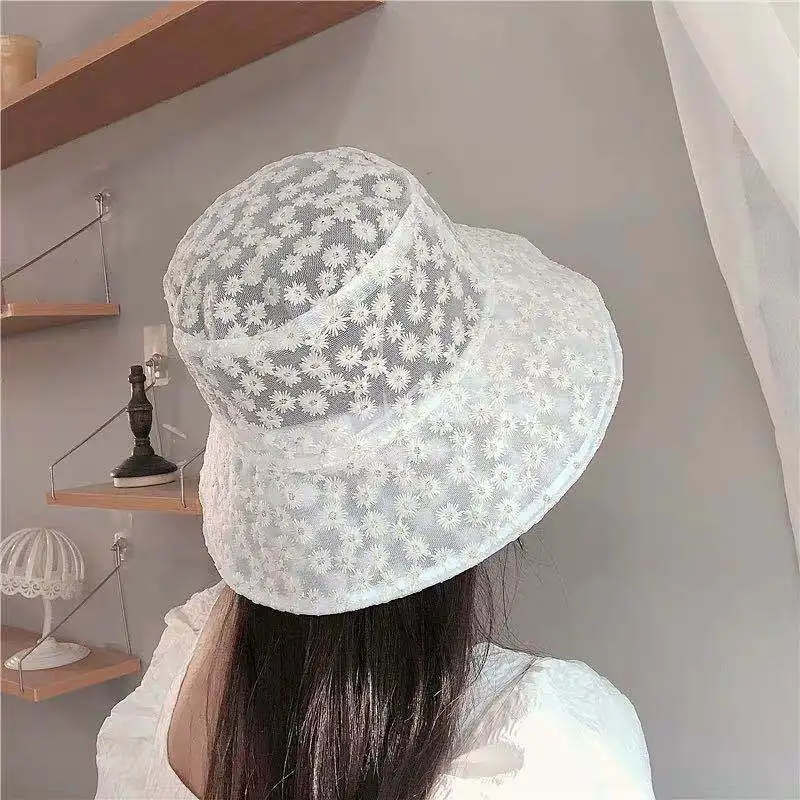 Summer Lace Bucket Hat for Women Sunscreen Sun Hat Daisy Embroidery Lace Breathable Fisherman cap Bucket Hat Basin Hats