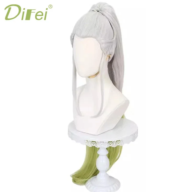 DIFEI Synthetic Female Demon Slayer-Daki Silver-white Gradient Yellow-green Tiger's Mouth Clip Ponytail Cosplay Party Wig