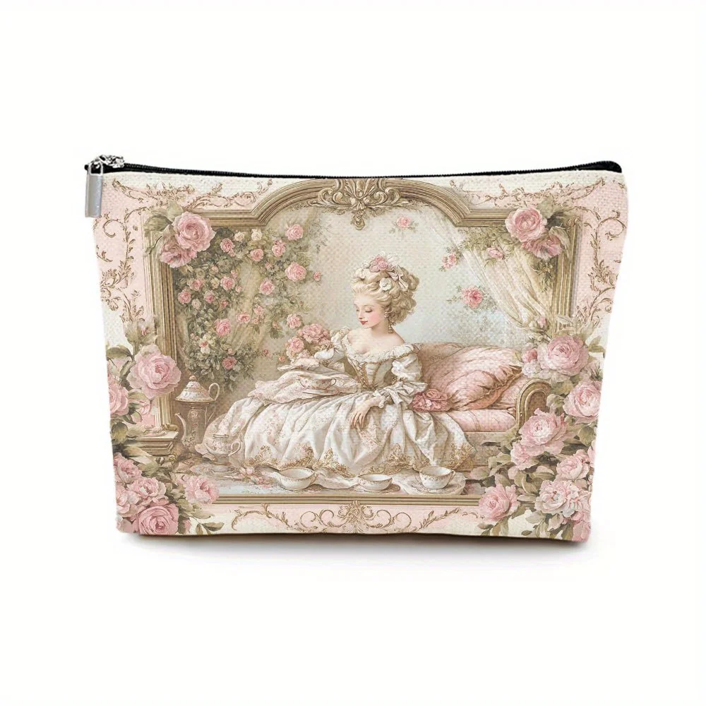 A Rococo Floral Makeup Bag - Cute Multifunctional Zipper Pouch for Women, Jewelry Storage Bag