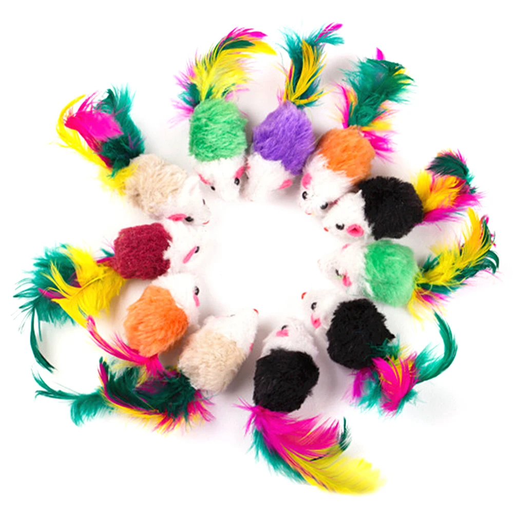10 pièces faux souris chat jouets coloré plume en peluche chat souris jouets pour animaux de compagnie drôle jouer jouets pour chats et chaton d'intérieur