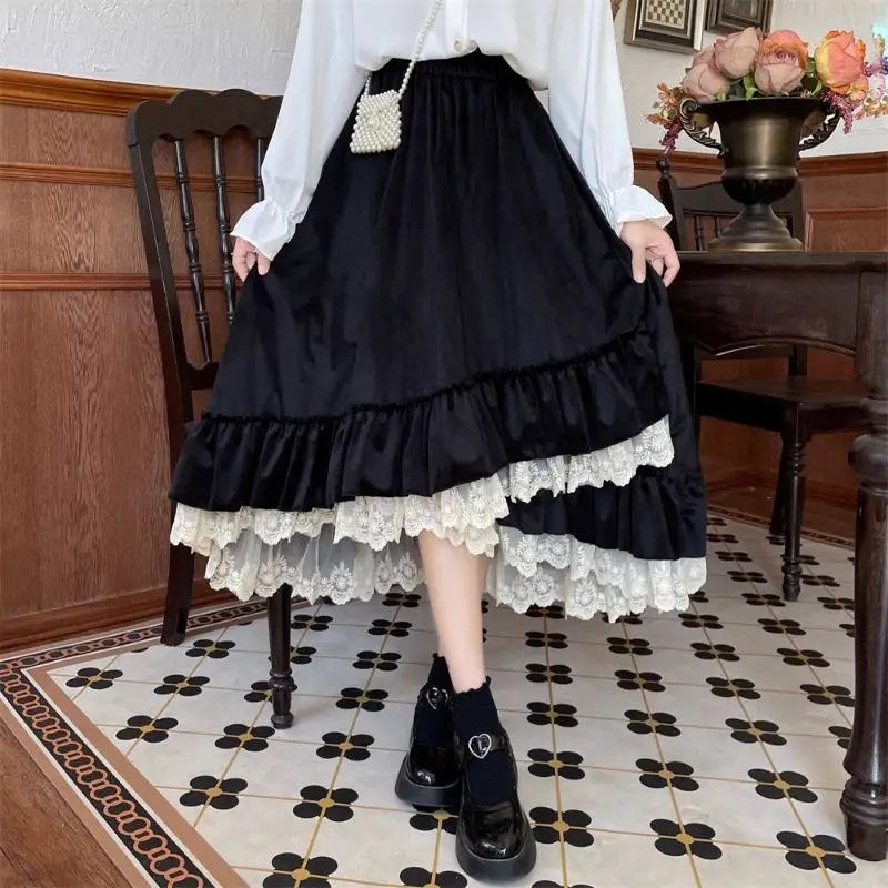 OCEANLOVE Velvet Lace Women Skirts Japanese Style Vintage Autumn Winter Faldas Mujer Fashion Sweet Ruffles Thick Long Skirt