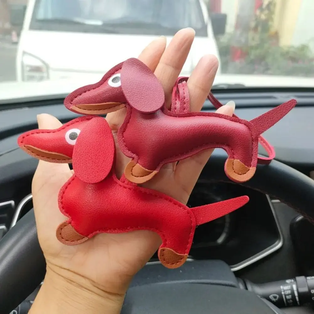 Trendy PU Leather Dachshund Keychain Cute Puppy Animal PU Leather Hanger Dog Car Keyring Bag Pendant Men