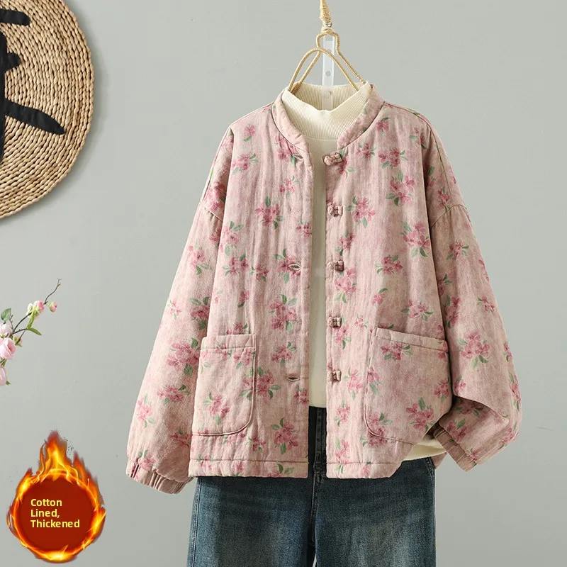 

Новая женская зимняя куртка 2025 года в стиле ретро с цветочным принтом, из утолщенного хлопка, свободного кроя, больших размеров, с эффектом стройности