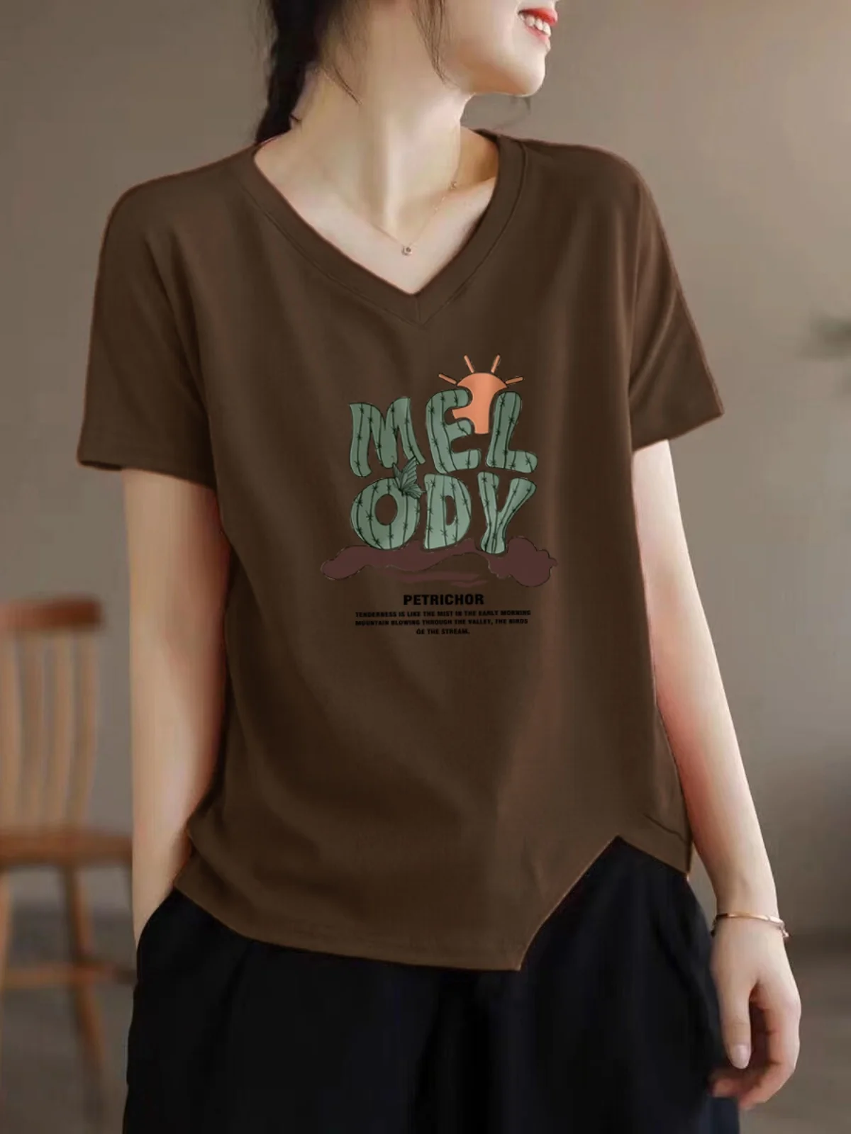 Off-Season V-Ne ort Sve Pure Cotton Women's Top Trendy ex Home Clothes Loose Fit Regular Length Summer New Sle