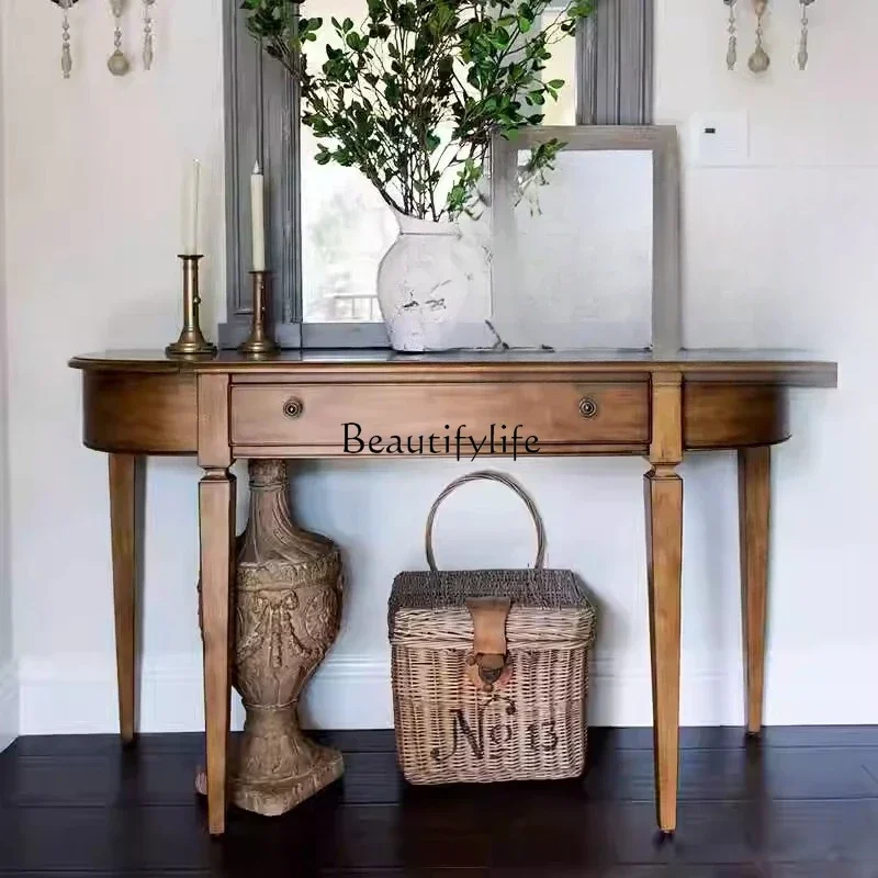 

LXAmerican entrance table Semi-round mid-ancient style extremely narrow light luxury solid wood French retro entrance table