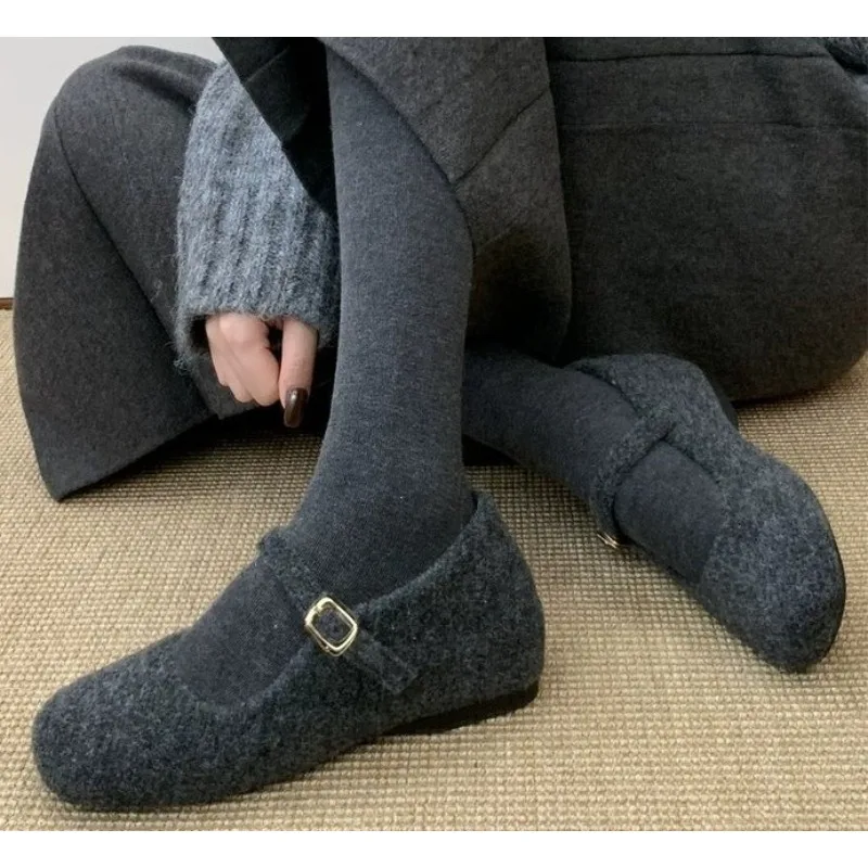 

Designer Fashion Square Toe Fleece Flet Ballet Flats Woman Winter Warm Wool Mary Jane Shoes Ladies Brand Elegant Plush Loafers