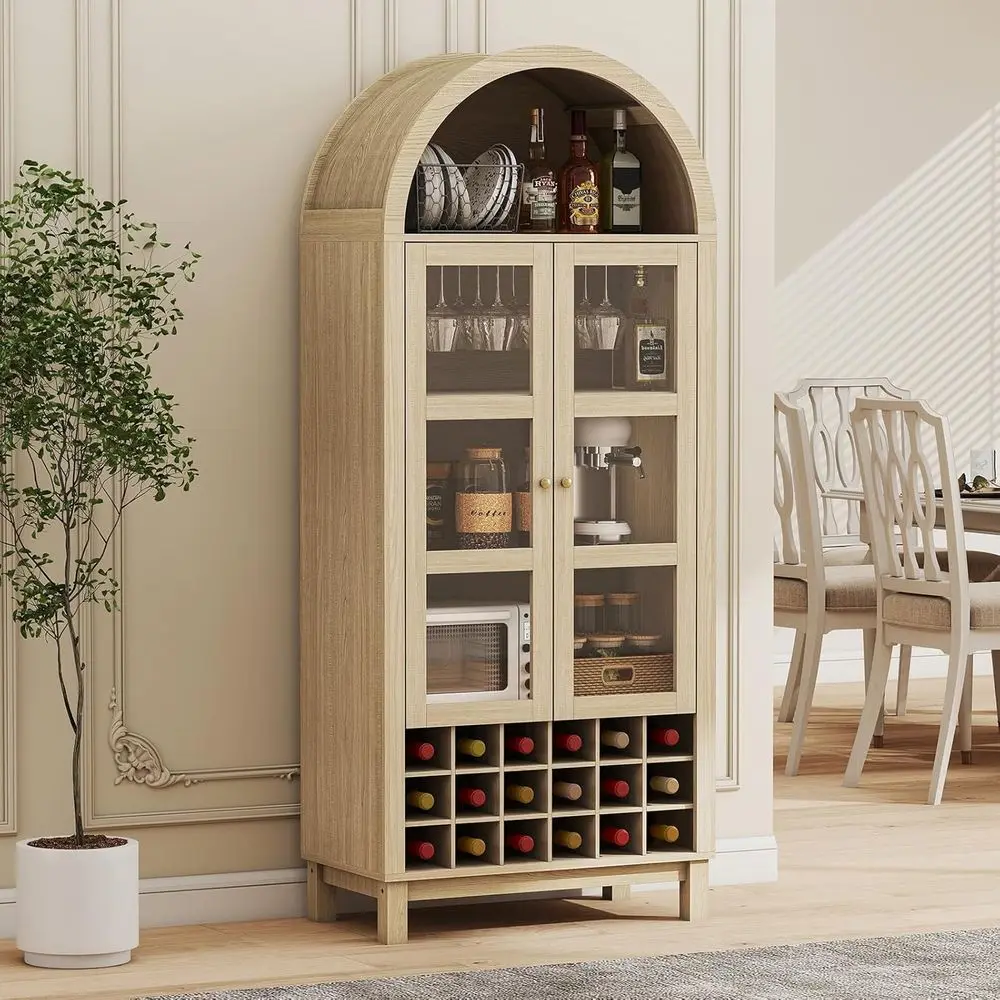 

Rustic Oak Wine Cabinet with Glass Door, Large Arched Storage for Liquor and Dining Room