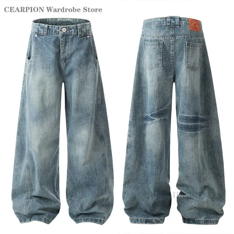 

Мужские широкие джинсы в американском уличном стиле, повседневные, с эффектом потертости, удлиненные, весна-осень, новая модная коллекция, длинные брюки