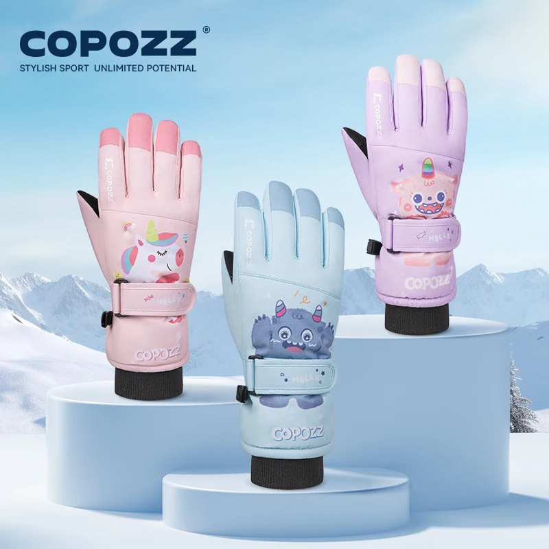 COPOZZ New Children's Ski Gloves 3M Thinsulate Wear resistant Winter Thermal Gloves Cartoon Waterproof Snowboard Gloves For Kids