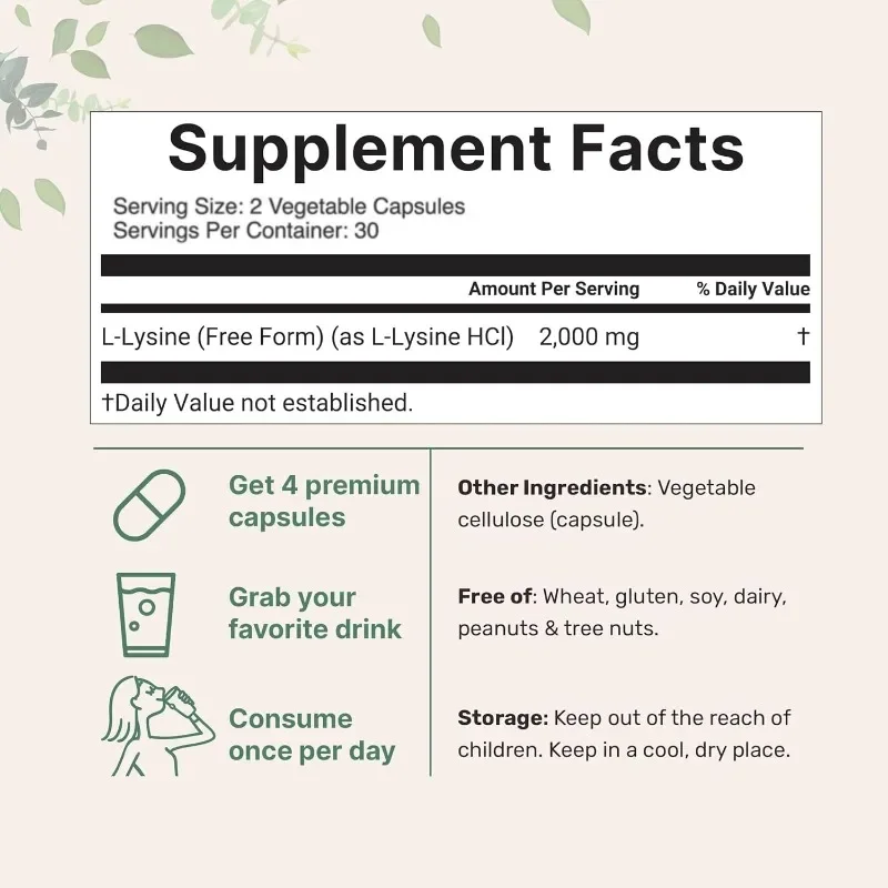 L-lysine النقي 2000 ملغ دعم المناعة الأحماض الأمينية الأساسية 60 كبسولة #5