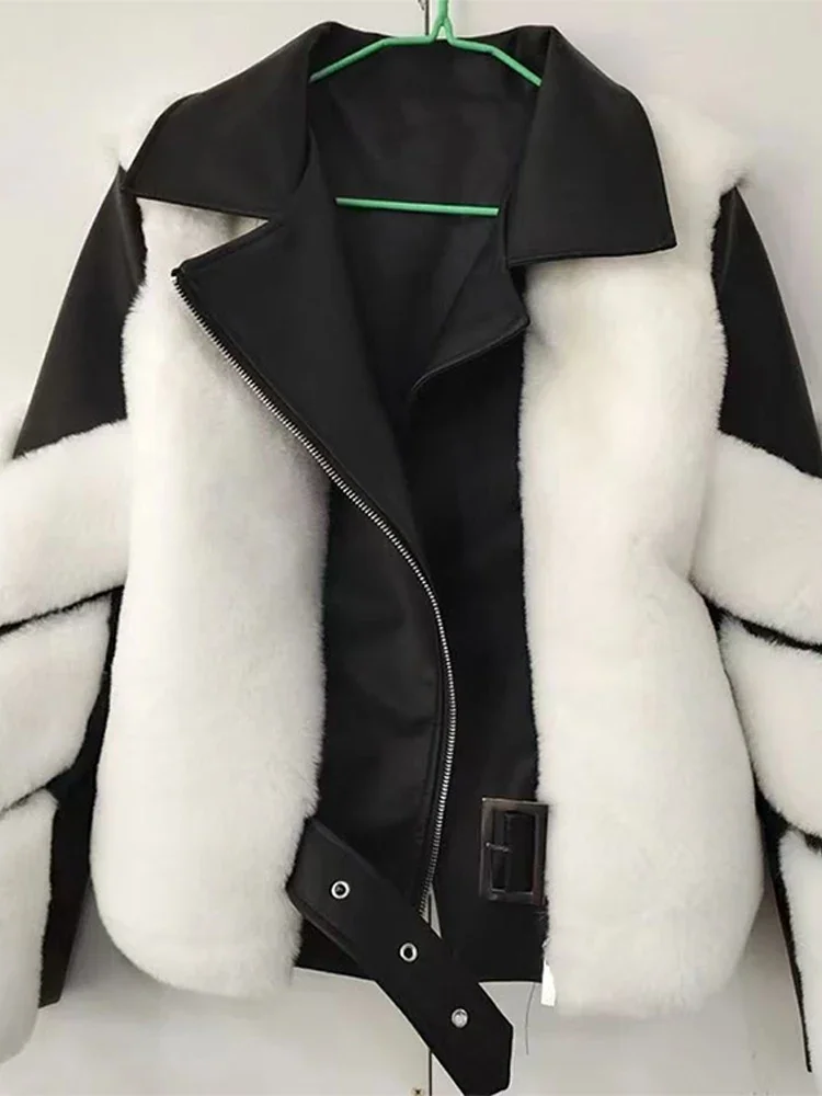 Luxury Leather Jacket For Women Fashion Patchwork Long Sleeve Fluffy Coat Female Elegant Thick Warm Lady Chic Outerwear XQ124