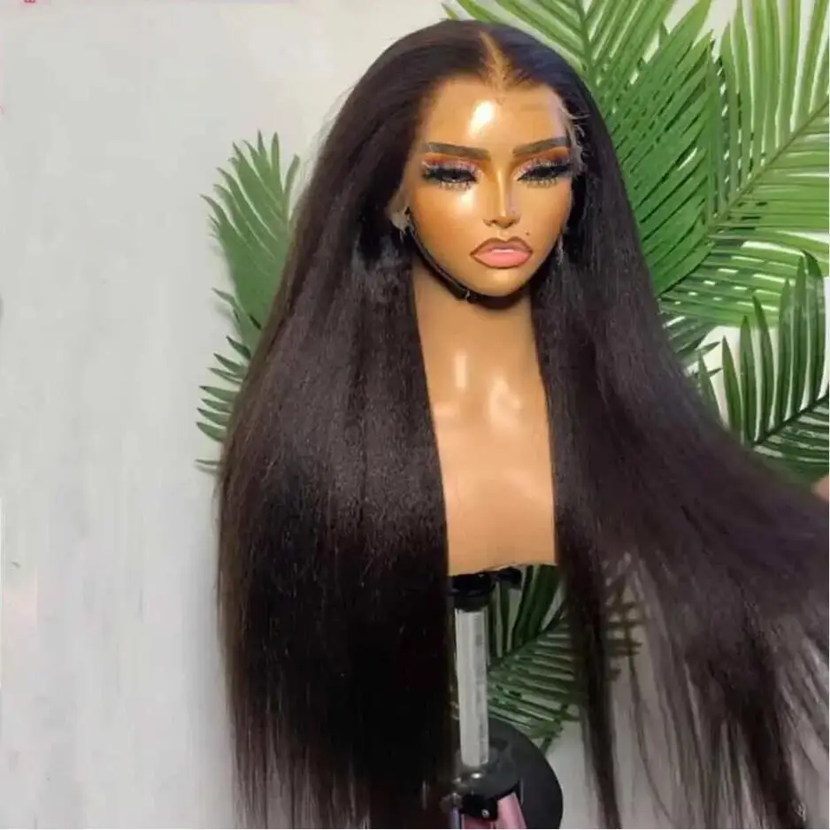 Natural Black 180Density 26“Yaki Kinky Straight Soft Glueless  Lace Front Wig For Women With Baby Hair Preplucked Heat Resistant